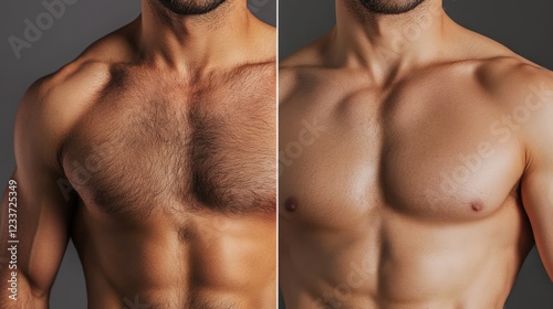 A before-and-after photo of a man’s chest, where the left side displays body hair and the right side shows the smooth results of waxing, highlighting the contrast and the effectiveness of modern hair 