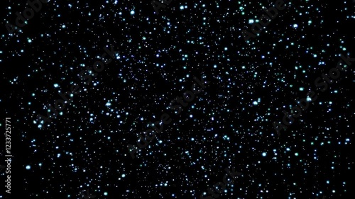 青や緑にきらめく光のパーティクル。宇宙の星々のきらめき。輝く粒。光ゆらめく輝き。黒背景