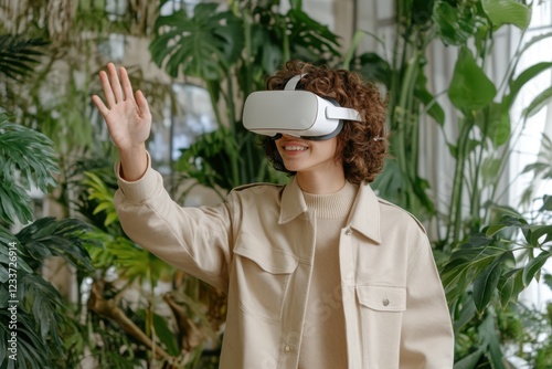 Young woman enjoying virtual reality experience while standing among lush green plants, smiling and engaging with the digital world in a bright indoor environment photo