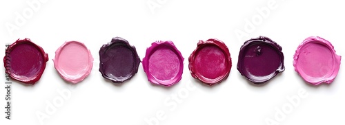 Set of wax seal stickers in different shades of purple, isolated on a white background, with a top-down view. High-resolution photography. Realistic photo with soft studio lighting. 35mm lens 