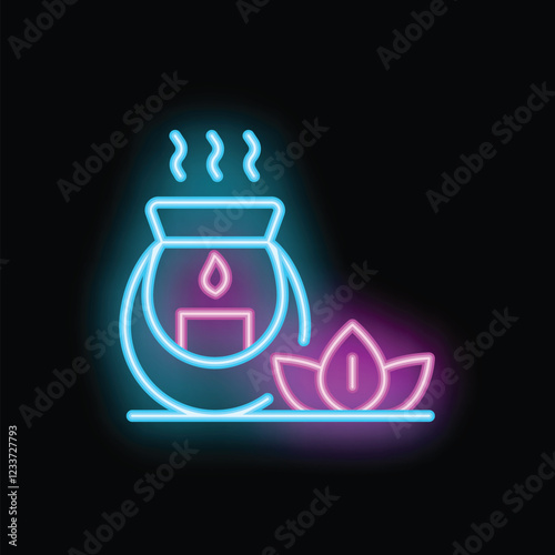 Neon sign of a candle burning inside a container, steam rising and lotus flower aside, suggesting meditation or spa