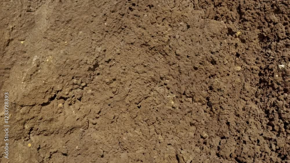 Tracking video along a layer of topsoil, showing a mix of sand, silt, and clay particles, creating a variegated brown and tan pattern, with ambient light Tracking video along a layer of topsoil, showing a mix of sand, silt, and clay particles, creating a variegated brown and tan pattern, with ambient light