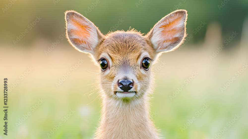 Fawn portrait, meadow sunset, nature background, wildlife Fawn portrait, meadow sunset, nature background, wildlife