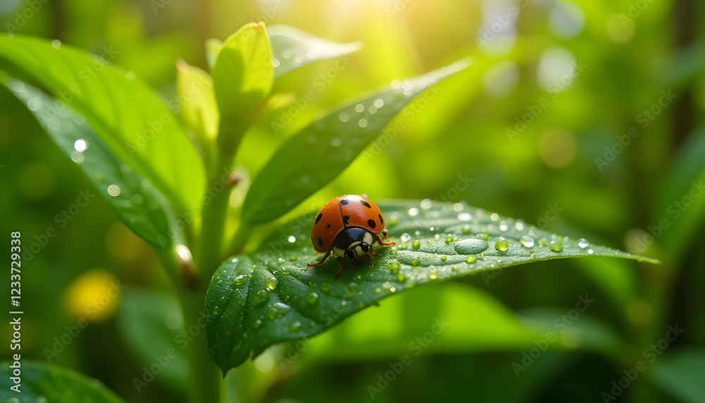 Ladybug on a dew-covered leaf in a lush garden during springtime with bright natural light Ladybug on a dew-covered leaf in a lush garden during springtime with bright natural light