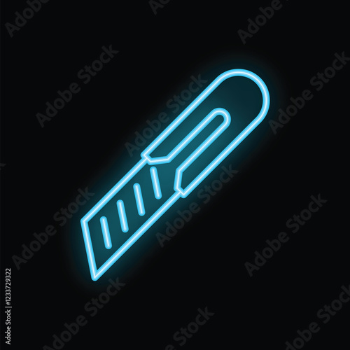 Blue neon sign of a utility knife glowing on black background