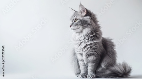 A beautiful long-fur grey cat sits elegantly against a white background, showcasing its fluffy coat in a studio shot. photo