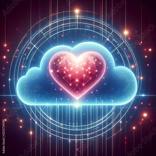 An abstract design of a heart floating within a cloud of digital data, representing love in the cloud. The heart is surrounded by glowing lines and pixelated elements, symbolizing the connection 