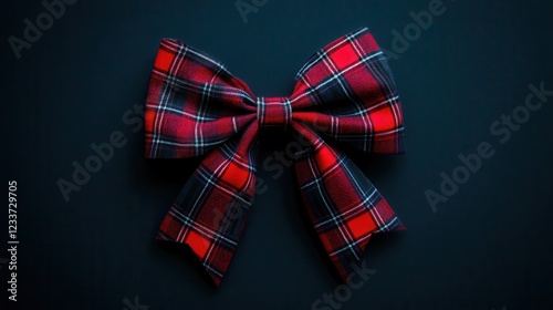 A beautifully tied bow with a classic plaid pattern, viewed from above against a dark background. photo