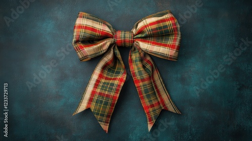 A beautifully tied bow with a classic plaid pattern, viewed from above against a dark background. photo