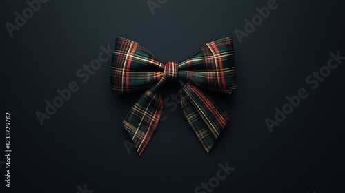 A beautifully tied bow with a classic plaid pattern, viewed from above against a dark background. photo