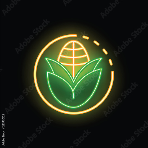 Neon icon of corn cob with leaves for gmo free product or vegan or farm food stuff