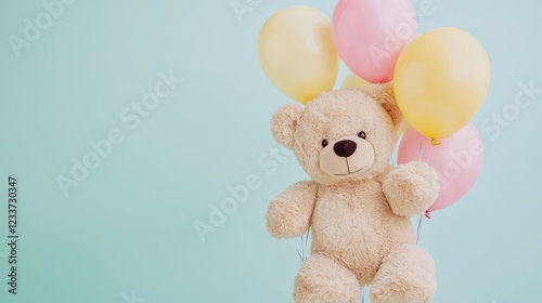 A beige fluffy bear toy for kids, holding a bunch of birthday balloons in light pink, yellow, and blue, set against a minimal pastel background. photo