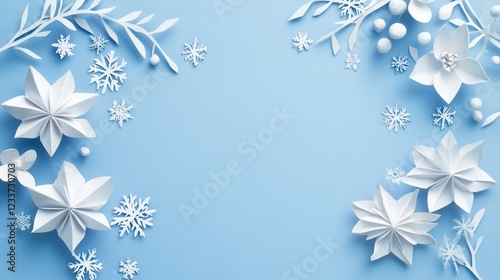 A blue background with white paper cut blooming flowers creates an elegant and serene winter origami decor template. photo