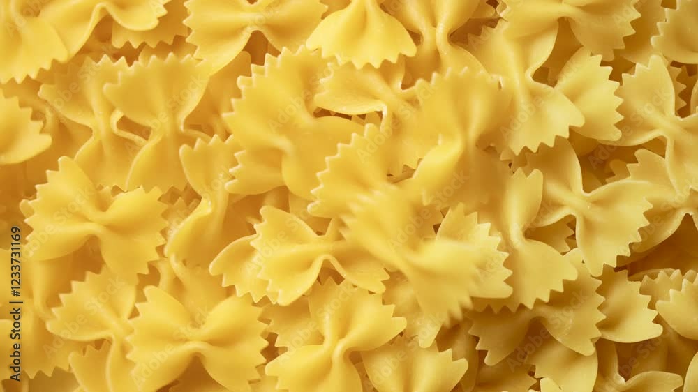 Pasta farfalle, bows falling from above. Rotation of the table. Horizontal video in 4k format. Top view, close-up. Pasta farfalle, bows falling from above. Rotation of the table. Horizontal video in 4k format. Top view, close-up.