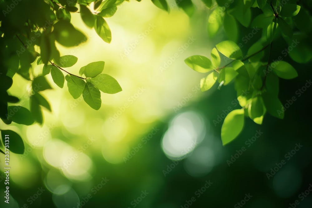 Sunlit green leaves, forest bokeh background, nature banner Sunlit green leaves, forest bokeh background, nature banner