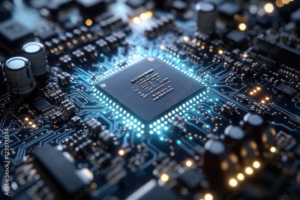 Obraz premium Close-up of a microchip on a circuit board with lights