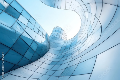 Futuristic glass building exterior, city, modern architecture, sunlight, design concept