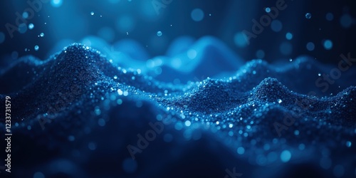 A mesmerizing close-up of a deep blue, undulating sea-like surface, dotted with glittering specks. Multi-layered hues create an ethereal depth, inviting exploration beneath its glistening facade photo