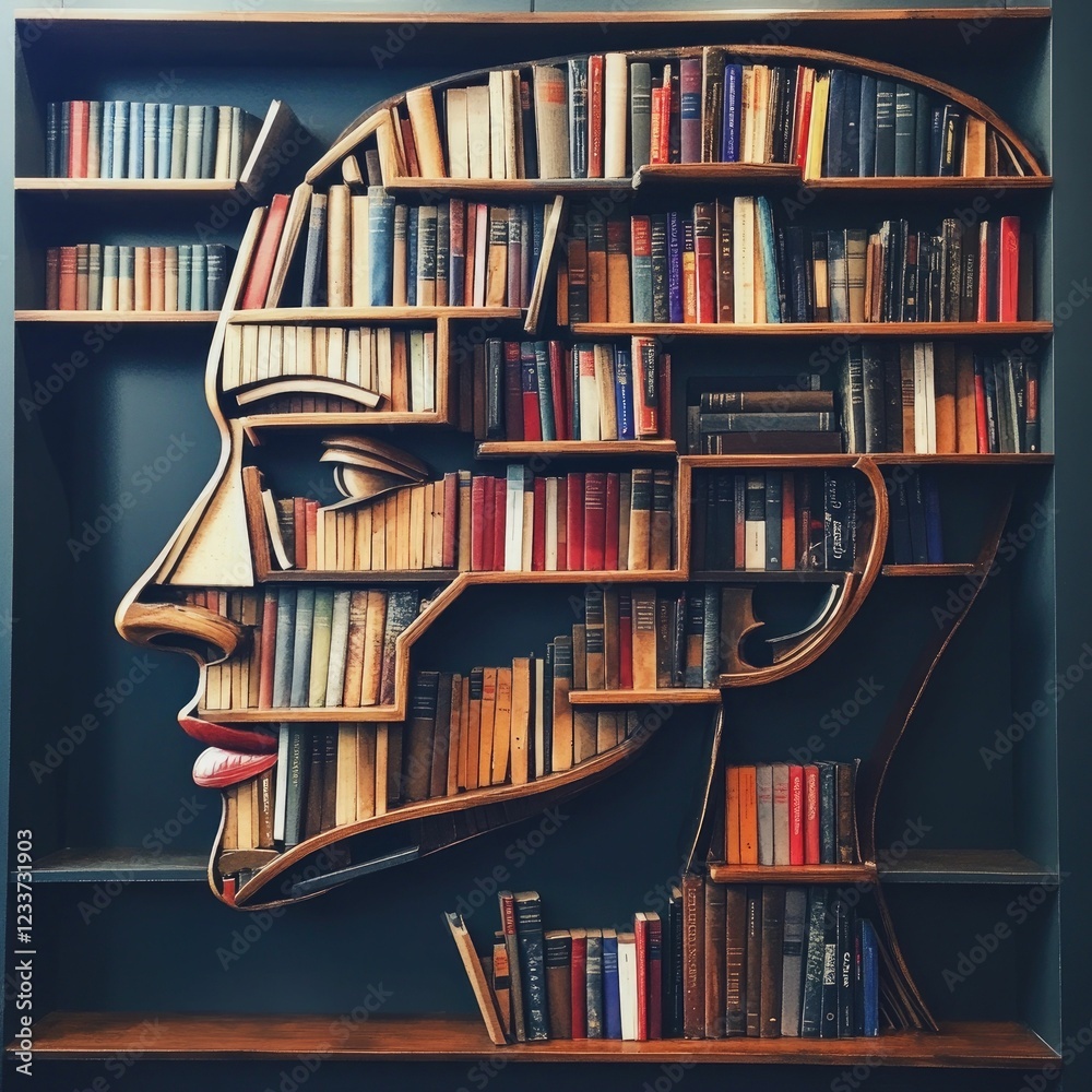Bookshelf shaped like head; filled with many books. Bookshelf shaped like head; filled with many books.