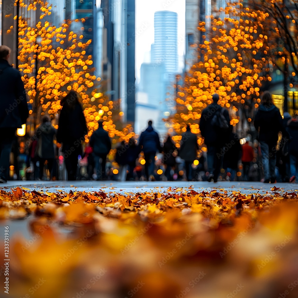 Obraz premium Autumn City Street Scene Blurred Crowd Walking Amidst