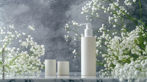 A bottle of face day cream lotion is elegantly displayed on a spa table surrounded by white flowers, showcasing a clean and sophisticated product template for a skincare cosmetic concept. photo