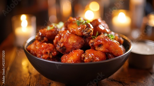 A bowl of crispy fried chicken wings is served on a rustic wooden table, illuminated by candlelight, creating a cozy and indulgent atmosphere centered around this tempting, unhealthy food. photo