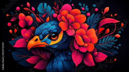 Vibrant illustration of a colorful bird surrounded by lush flowers and foliage on a dark background photo