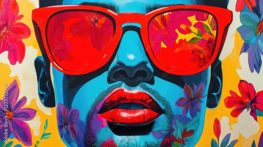 A bright, colorful painting of a fashionable man wearing oversized red sunglasses, set against a floral background. A bright, colorful painting of a fashionable man wearing oversized red sunglasses, set against a floral background.