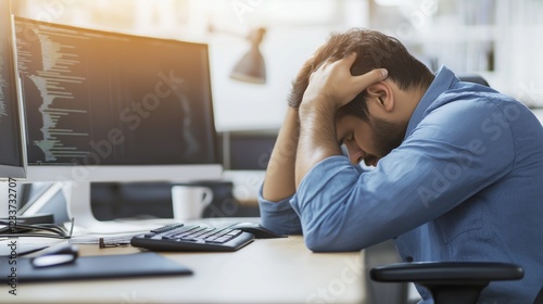 Stressed developer working late at computer setup, surrounded by multiple monitors and coffee cups, showcasing the challenges of modern tech work and mental pressure in a fast-paced digital environmen