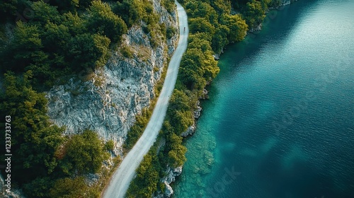 Aerial view of Garda Lake's cycling path along the mountainside, showcasing natural beauty, outdoor adventure, and scenic routes in travel or fitness-themed designs.