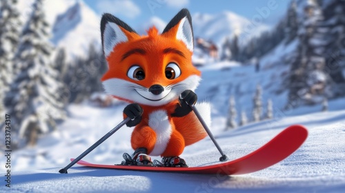 Fototapeta Naklejka Na Ścianę i Meble -  Happy cute red fox skiing in mountain.