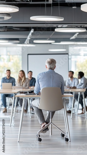 A business leader mentoring a group of young professionals, sharing insights on leadership responsibilities and ethical decision-making