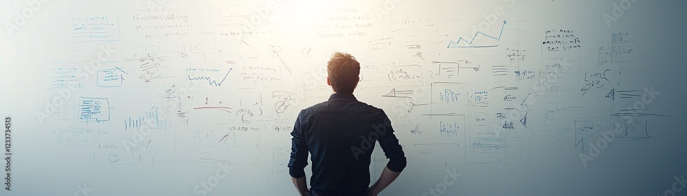 A high-level business strategist developing a vision for long-term company success, sketching ideas on a transparent whiteboard A high-level business strategist developing a vision for long-term company success, sketching ideas on a transparent whiteboard