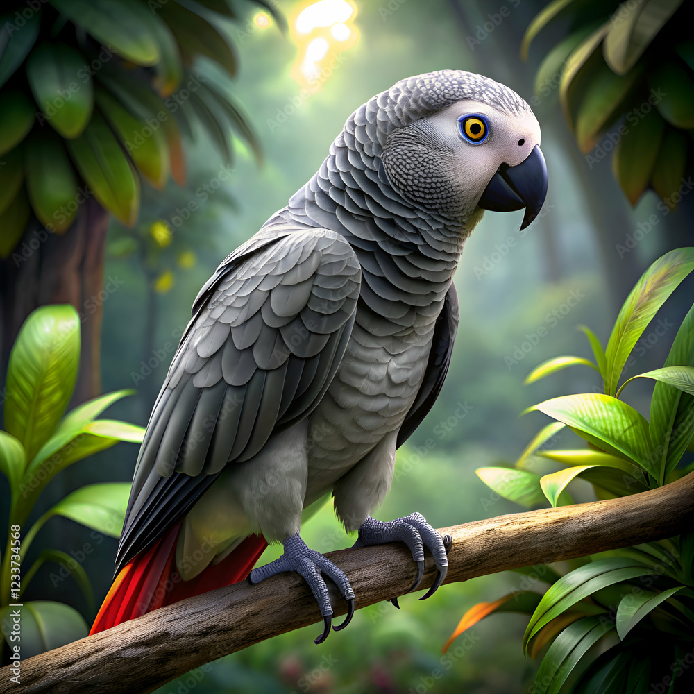 Fototapeta premium Grey parrot perched in jungle.