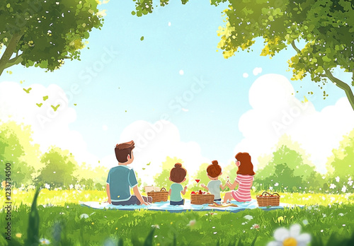Family enjoying a delightful picnic in a sunny park with vibrant green grass and lush trees