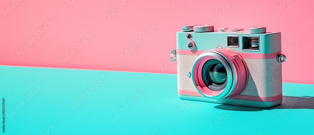 Fototapeta premium Retro camera on pastel background with pink and teal colors creating a vibrant scene