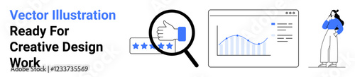 Chart with data trends, magnifying glass over thumbs-up with stars, thoughtful person. Ideal for customer feedback, analytics, marketing, service evaluation, performance tracking, business