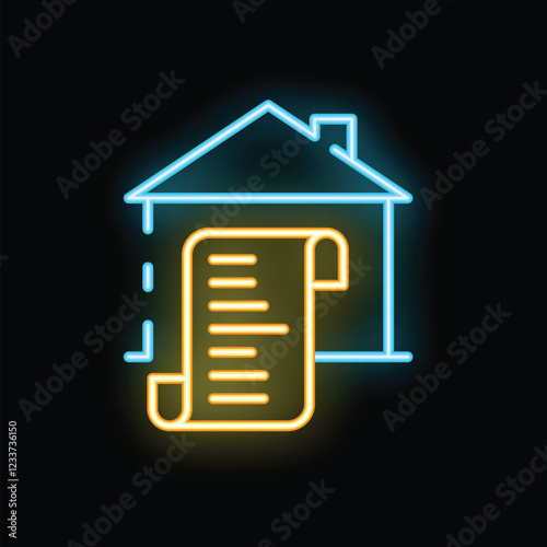 Glowing neon icon of house with list, suggesting home related paperwork