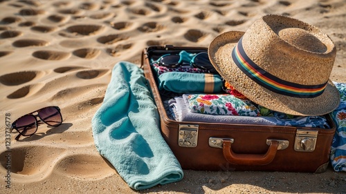 Open Suitcase with Beach Essentials on Sandy Shore