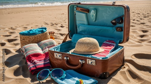 Open Suitcase with Beach Essentials on Sandy Shore