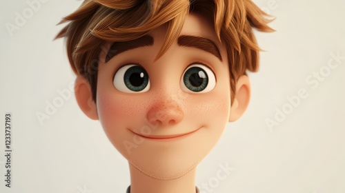 A cheerful and happy young adult male cartoon character with light brown hair and large expressive eyes is depicted in a 3D style against a light background.