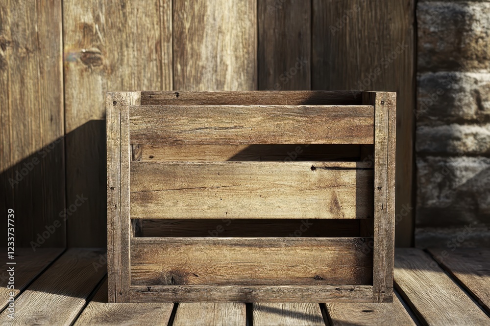 Rustic wooden crate, empty, wood background, sunlit, storage Rustic wooden crate, empty, wood background, sunlit, storage