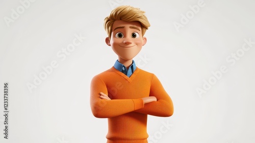 A cheerful cartoon character man confidently standing and pointing a finger while smiling. photo