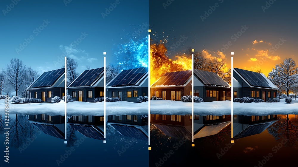 Fototapeta premium Winter homes, solar panels, energy transition, cold to warm, snowy landscape, climate change concept, website banner