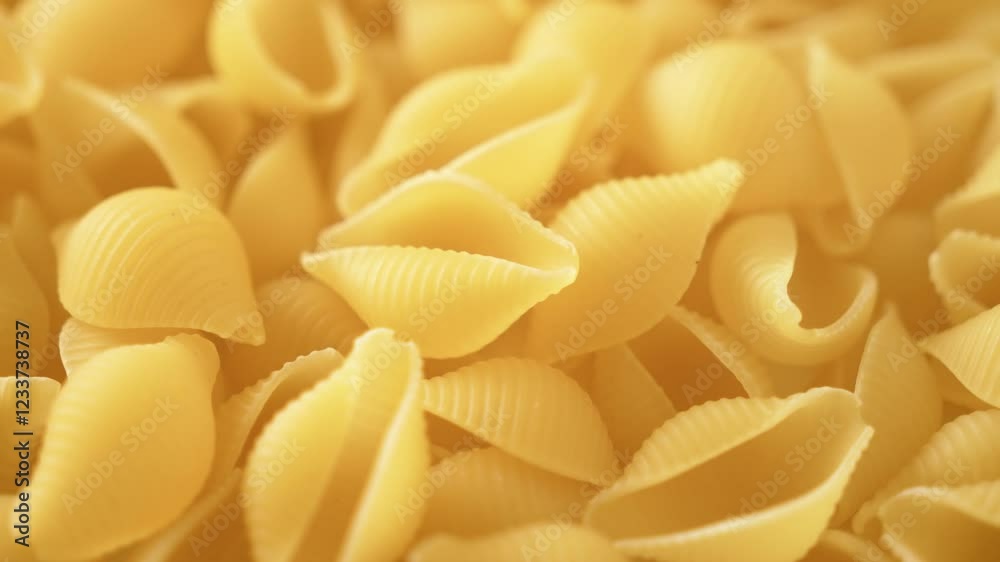 Side view. Raw shell paste, Conchiglie slowly rotates. 4k video. close-up. Side view. Raw shell paste, Conchiglie slowly rotates. 4k video. close-up.