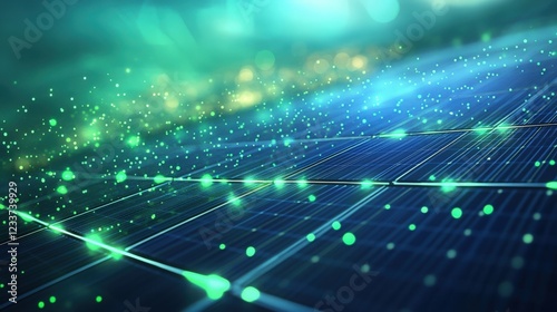 A digital representation of a solar panel array with a glowing green futuristic data overlay, conveying the concept of sustainable energy and technology in a modern setting