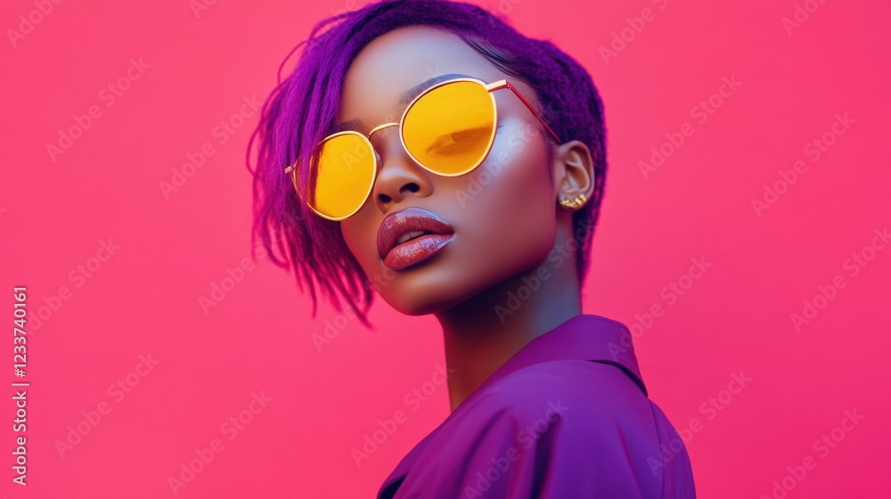 A fashion-forward woman with striking purple hair and vibrant yellow sunglasses stands confidently against a vivid pink backdrop, exuding modern elegance and playful boldness A fashion-forward woman with striking purple hair and vibrant yellow sunglasses stands confidently against a vivid pink backdrop, exuding modern elegance and playful boldness