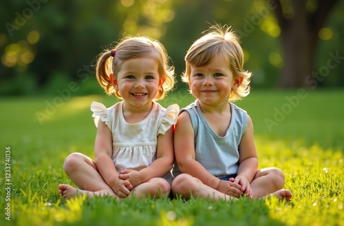 Siblings sitting on the grassy lawn