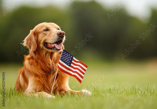 Golden Retriever with American Flag celebrates patriotism in a grassy field
