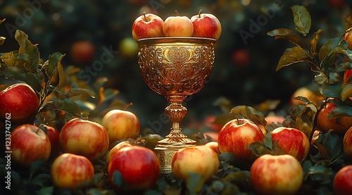 Elegant golden chalice overflowing with fresh apples and lush foliage

